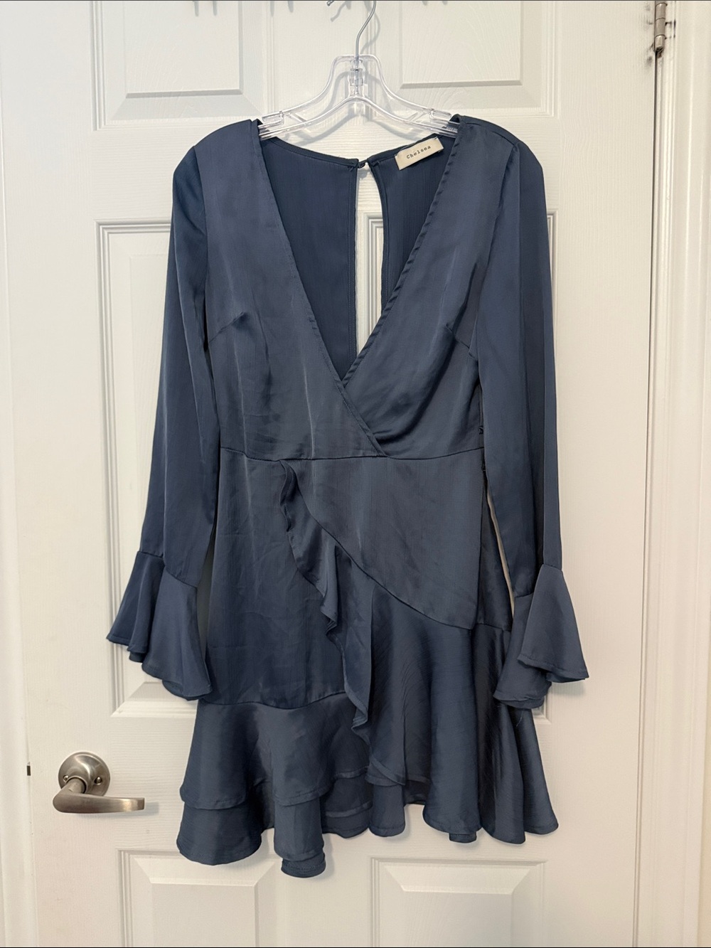 Navy Ruffle Wrap-Style Long Sleeve Dress